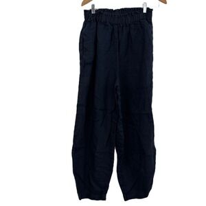 LEN OK Linen Pants Womens XL Navy Blue Pull On Lantern Boho Elastic Pocket 26x27